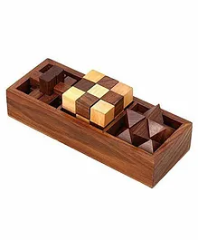 Desi Karigar 3 In One Wooden 3D Puzzles Games Set - Brown