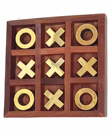 Desi Karigar Noughts and Crosses Game Brass Wooden Tic Tac Toe Game - Brown