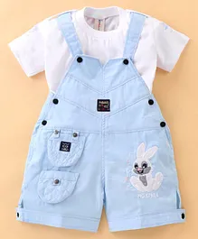 Dapper Dudes Half Sleeves Solid Tee With Rabbit Patch Embroidered Dungaree - Blue