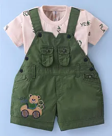 Dapper Dudes Half Sleeves Text & Numbers Printed Tee With Placement Teddy Patch Detailed Dungaree - Dark Green