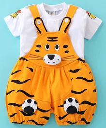 Dapper Dudes Half Sleeves  Tee With Tiger Applique Detailed  Dungaree - Yellow