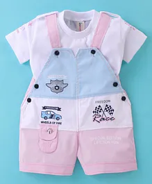 Dapper Dudes Half Sleeves Solid Tee With Racer Theme Printed Dungaree - White & Pink