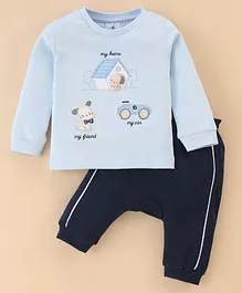 First Smile Cotton Interlock Full Sleeves Puppy Embroidered T-Shirt & Lounge Pant Set - Blue