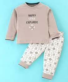 First Smile Cotton Sinker Full Sleeves Text Printed T-Shirt & Lounge Pant Set - Brown