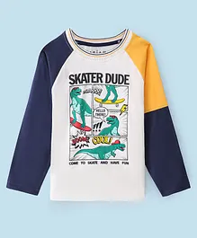 Arias Cotton Full Sleeves Raglan T-Shirt Skater Dino Print - White
