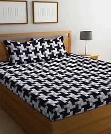 Arrabi TC Cotton Blend King Size Bedsheet With 2 Pillow Covers Graphic - Black