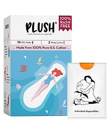 Plush Ultra-Thin natural Cotton Sanitary Pads For Women- 10 XXL , Super Absorbent 10 Heavy Flow XXL & 2 Panty Liners For Rash Free Periods Pure U.S. Cotton Pads With Disposable Pouch