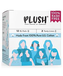 Plush Ultra-ThinCotton Sanitary Pads For Women- 12pcs,Super Absorbent 12 Medium Flow XL & 2 Panty Liners For Rash Free Periods, Pure U.S. Cotton Pads With Disposable Pouch