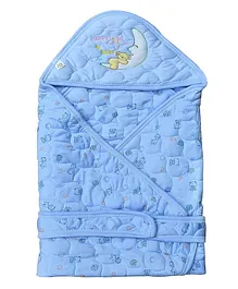 THE LITTLE LOOKERS Newborn Baby Quilted Wrapper Cum Blanket Cotton Baby Wrap with Hood & Belt- Blue