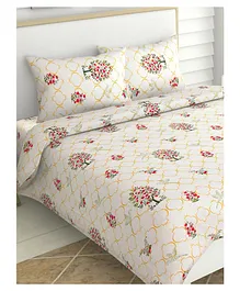 haus & kinder 186 TC 100% Cotton Double Bedsheet with 2 Pillow Covers Blossoms Floral Print - White