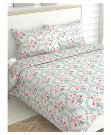 haus & kinder 186 TC 100% Cotton Double Bedsheet with 2 Pillow Covers Blossoms Floral Print - White Green & Pink