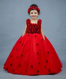 Li&Li BOUTIQUE Sleeveless Rosette Bodice Floral Embellished Fit & Flare Dress - Chilli Red