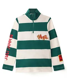 Arias Cotton Yarn Dyed Pique Full Sleeves Polo T-Shirt With Front Zipper Stripes & Text Print - White & Green