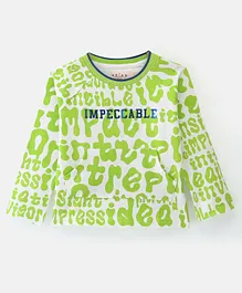 Arias Cotton Pique Knit Full Sleeve T-Shirt With All Over Print  - White & Lime
