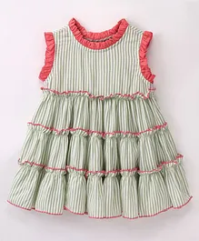 Hugsntugs Sleeveless Railroad Striped & Contrast Frill Detailed Tiered Top - Green & Pink