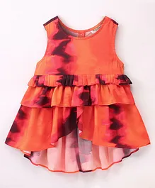 Hugsntugs Sleevless All Over Tie & Dye Designed High Low Top With Pleats At Waist - Orange