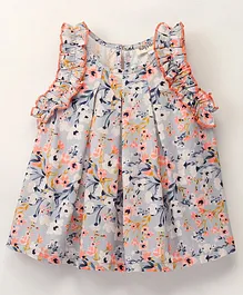 Hugsntugs Sleeveless All Over Flowers Printed A Line Top With Contrast Edging On Shoulder Frills - Grey & Pink