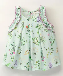 Hugsntugs Sleeveless All Over Botanical Flowers Printed A Line Top With Contrast Edging On Shoulder Frills - Aqua Blue
