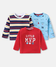 Babyhug 100% Cotton Knit Full Sleeves T-Shirt Striped & Graphics Text Print Pack of 3 - Blue & Red