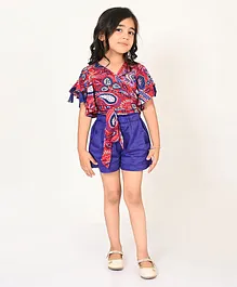 Lil Drama Half Sleeves Paisley Printed Front Tie Up Top With Solid Shorts - Purple