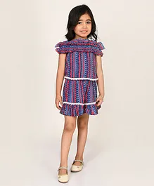 Lil Drama  Off Shoulder Striped Design & Lace Embellished  Crop Top With Shorts -  Blue