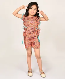 Lil Drama Ruffle Sleeves Floral & Paisley Printed Jumpsuit - Orange