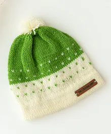 The Original Knit Handmade Self Design Colour Blocked Unisex Cap - Off White & Green
