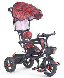 Babyhug Plug & Play Apache Tricycle with Parental Handle and Printed Canopy - Red