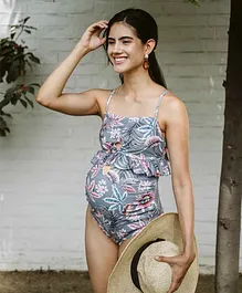 Momsoon Sleeveless Floral Printed Maternity Swimsuit With Ruffles - Grey & Pink