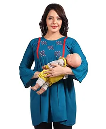 Fabme Three Fourth Sleeves Floral Embroidered Maternity Tunic With Nursing Access - Blue