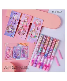 SKB Unicorn Fountain Pen Set for Kids 2 Pen 4 Refill 1 Bookmark - Multicolour