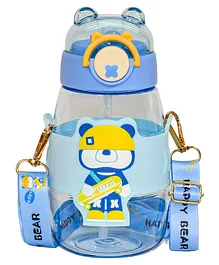 Koochie Koo Plastic Cute Water Bottles for Kids Customizable Bottle with Stickers Soft Silicone Straw Adjustable Strap and Secure Lock BPA Free Bottle for School Kids Blue- 650 ml