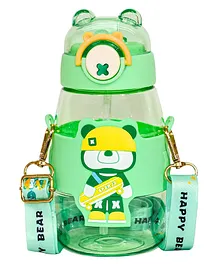 Koochie Koo Plastic Cute Water Bottles for Kids Customizable Bottle with Stickers Soft Silicone Straw Adjustable Strap and Secure Lock BPA Free Bottle for School Kids Green- 650 ml