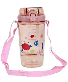 Koochie-Koo Plastic Transparent Sipper Water Bottle with Straw for Pre-School Kids, Anti Leak Water Bottles with Push Button Secure Lock Strap and Measuring Scale Pink - 650 ml
