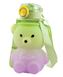 Koochie Koo Teddy Bear Plastic Water Bottle Push Button Open Kids Water Bottle with Straw Sipper Bottle with Adjustable Strap and Stickers Green - 800 ml