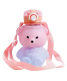 Koochie Koo Plastic Teddy Bear Water Bottle Push Button Open Kids Water Bottle with Straw Sipper Bottle with Adjustable Strap and Stickers Pink - 800 ml