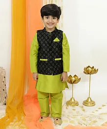Lil Peacock Full Sleeves Kurta with  Pyjama & Printed Jacket Set - Green