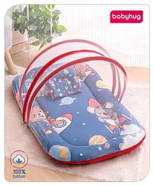 Babyhug Cotton Bedding Set with Mosquito Net Animal Astronaut Print - Navy Blue