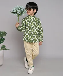 BAATCHEET Cotton Full Sleeves Leaf Printed Shirt With Pant - Green