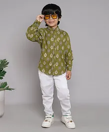 BAATCHEET Cotton Full Sleeves Ethnic Motif Printed Shirt With Pant - Green