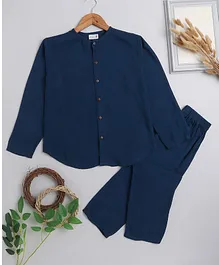 BAATCHEET Full Sleeves Solid & Wrinkled Co Ord Set - Navy Blue