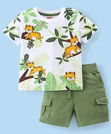 Babyhug Single Jersey Knit Half Sleeves T-Shirt & Shorts With Tiger Print - White & Green