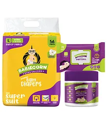 BABIECORN Diapering Essentials Combo Baby Diapers with Wetness Indicator & Soft Cotton Lining 100% Ayurvedic Diaper Rash Cream Baby Wet Wipes 2x Thicker - Large  - 56 Pants