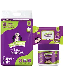 BABIECORN Diapering Essentials Combo Baby Diapers with Wetness Indicator & Soft Cotton Lining 100% Ayurvedic Diaper Rash Cream Baby Wet Wipes 2x Thicker - Extra Large  - 48 Pants
