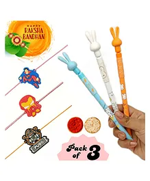 Elecart 3 Pcs Superhero Rakhi & 3 Pcs Gel Pen with Magnetic Rabbit Topper Gift Hamper & Roli Tandul - Multicolor