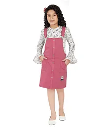 Peppermint Full Sleeves Hearts Printed Tee With Solid Dungaree Set - Pink