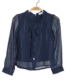 Peppermint Full Sleeves Shimmer Striped Front Tie Up Top - Navy Blue