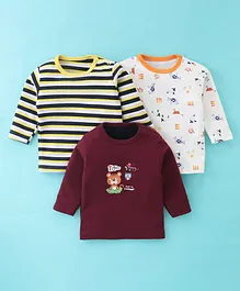 Kidi Wav Pack Of 3 Full Sleeves Striped Designed & Animal Printed Tee - Multi Colour