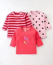 Kidi Wav Pack Of 3 Full Sleeves Striped Designed & Polka Dot Printed Tee - Red & Pink