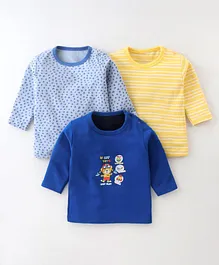 Kidi Wav Pack Of 3 Full Sleeves Striped Designed & Polka Dot Printed Tee - Blue & Yellow